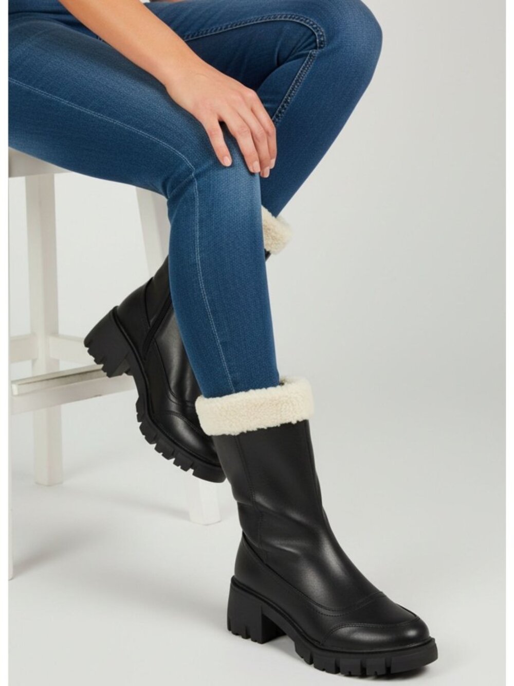 Black Mid-Calf Platform Boots With Shearling Trim & Side Zipper Closure
